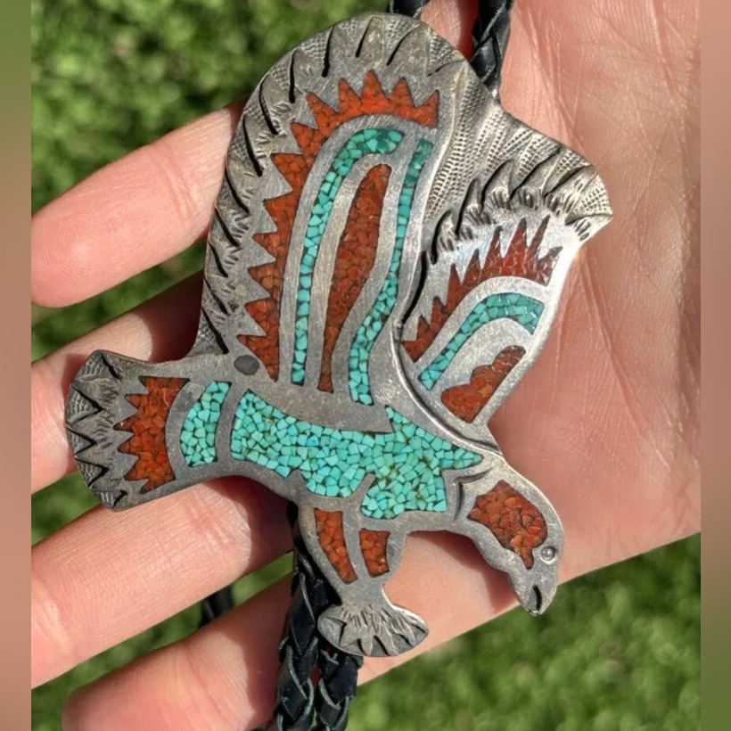 Native American 925 Sterling Silver Turquoise Coral Inlay Bolo Tie Pendant